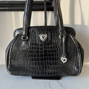 Brighton Vintage Croc Embossed Leather Shoulder Satchel Handbag Black Heart